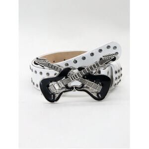 White Guitar Buckle Studded Belt Punk Rock Y2K Waist Belt Gothic Streetwear